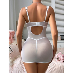 Set lenjerie intima sexy din dantela elastica, cu rochie si chilot, alb, 2 piese #BB4048 - Img 2