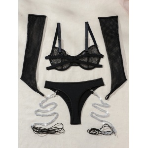 Set lenjerie intima sexy din dantela fina cu manusi si lantisoare decorative, negru, 3 piese #BB4483 - Img 8