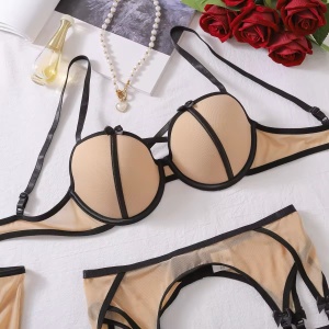 Set lenjerie intima sexy din dantela fina elastica cu manusi si ciorapi inalti, nude , 5 piese #BB4038 - Img 15