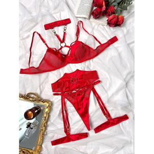 Set lenjerie intima sexy din satin si plasa, elemente metalice, rosu, 4 piese #BB4399 - Img 7