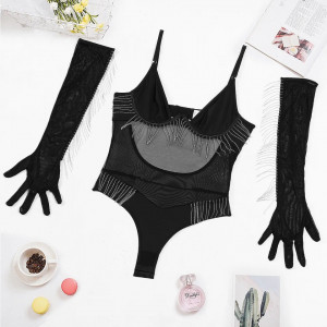 Set lenjerie intima sexy neagra cu franjuri metalice, body si manusi lungi, negru, 2 piese #BB4152 - Img 11