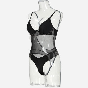 Set lenjerie intima sexy neagra cu franjuri metalice, body si manusi lungi, negru, 2 piese #BB4152 - Img 19
