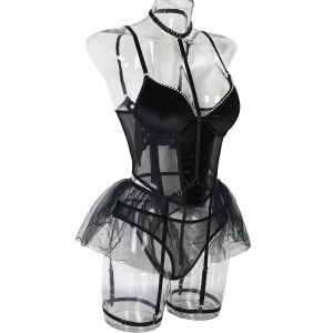 Set lenjerie sexy din catifea si tul, corset cu burete si cristale, negru, 4 piese #BB4188 - Img 13
