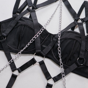 ❗Super Oferta❗Set lenjerie intima sexy cu benzi elastice, lant decorativ si catuse, negru, 4 piese #BB4268 - Img 9
