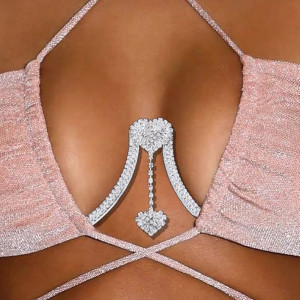 Body chain pentru bust cu cristale transparente, detaliu inimioara, argintiu #BB4516 - Img 3