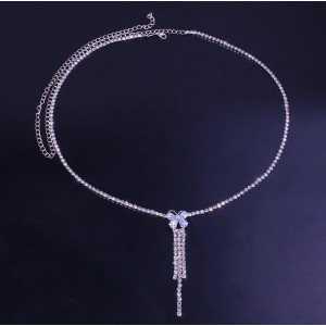Body chain pentru talie cu cristale transparente, detaliu fluture, argintiu #BB4354 - Img 2