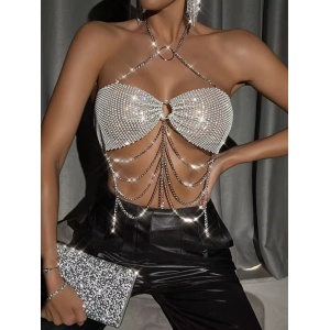 Body chain tip bustiera cu lanturi si cristale, argintiu #BB4787 - Img 1
