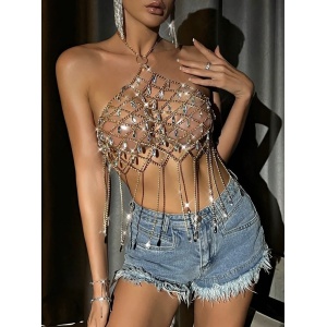 Body chain tip bustiera cu lanturi si cristale transparente, auriu #BB4120 - Img 3