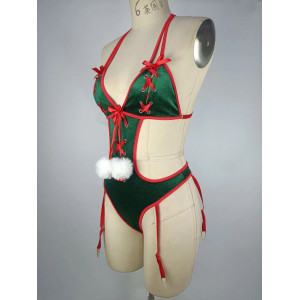Body cu tematica spiridusa sexy din catifea, cu decupaje si snururi decorative, verde/ rosu#BB4348 - Img 6