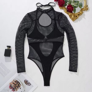 Body sexy din plasa fina elastica si piele ecologica, negru #BB4757 - Img 10