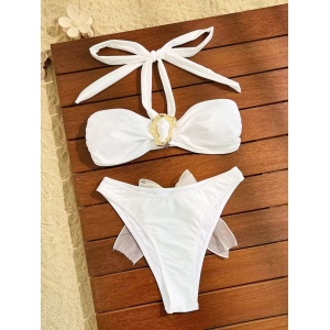Costum de baie 2 piese cu cataramă metalică și funda decorativă la slip , alb #BB2187 - Img 4