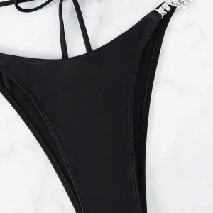 Costum de baie 2 piese cu elemente metalice si cristale decorative, negru #BB2540 - Img 8