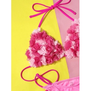Costum de baie 2 piese cu flori decorative aplicate pe sutien, roz neon #BB2077 - Img 4