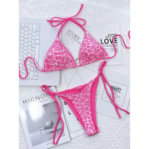 Costum de baie 2 piese cu imprimeu leopard si slip reglabil, roz/ roz neon #BB2558 - Img 2