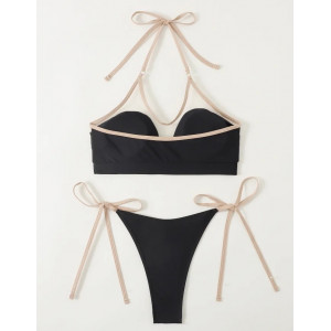 Costum de baie 2 piese cu insertii de tul nude la sutien, slip reglabil, negru #BB2270 - Img 2
