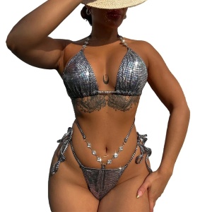 Costum de baie 2 piese metalizat cu decupaje la slip si cristale decorative, argintiu #BB2076 - Img 5