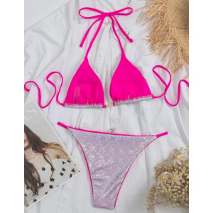 Costum de baie 2 piese metalizat cu insertii roz fucsia si perle decorative, argintiu #BB2359 - Img 5