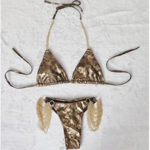 Costum de baie 2 piese metalizat, imprimeu sarpe si lanturi decorative aurii, maro/ auriu #BB2360 - Img 9