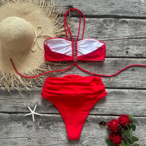 Costum de baie 2 piese, slip cu talie inalta si trandafir decorativ, rosu #BB2170 - Img 5