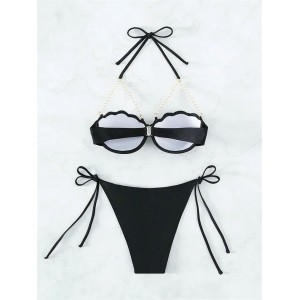 Costum de baie 2 piese, sutien cu push-up si perle albe decorative, slip brazilian reglabil, negru #BB2066 - Img 4