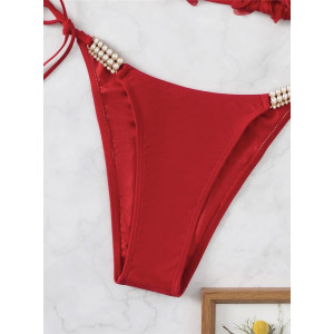 Costum de baie 2 piese, sutien cu trandafiri aplicati si slip reglabil cu cristale, rosu #BB2138 - Img 5