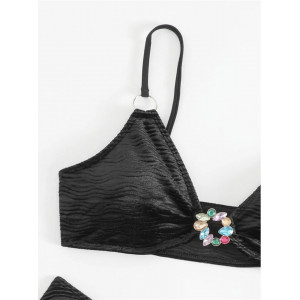 Costum de baie 2 piese texturat, sidefat, sutien cu cristale decorative, negru #BB2379 - Img 4