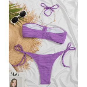 Costum de baie 2 piese texturat, snur dupa gat cu perle albe decorative, mov #BB2168 - Img 4