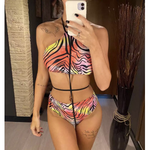Costum de baie 2 piese unite in fata cu snur, imprimeu zebra, multicolor #BB2074 - Img 1