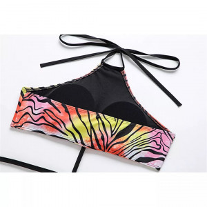 Costum de baie 2 piese unite in fata cu snur, imprimeu zebra, multicolor #BB2074 - Img 7