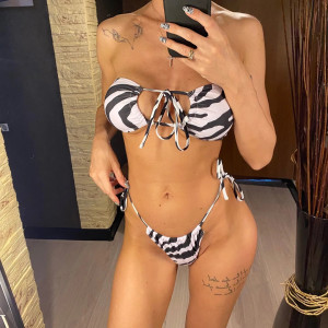 Costum de baie 3 piese cu bluza, slip tanga, imprimeu zebra, alb/negru #BB2352 - Img 8