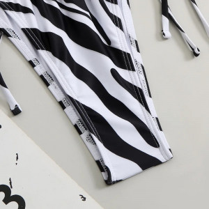 Costum de baie 3 piese cu bluza, slip tanga, imprimeu zebra, alb/negru #BB2352 - Img 18