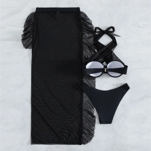 Costum de baie 3 piese cu fusta lunga, cupe tari din burete, slip normal, negru #BB2078 - Img 3