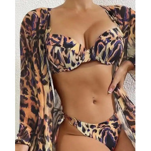 Costum de baie 3 piese cu halat, cupe buretate, slip reglabil, animal print, negru/ maro #BB2400 - Img 3