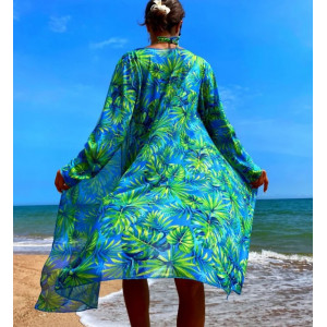 Costum de baie 3 piese cu halat de plaja, imprimeu exotic, verde/ albastru #BB2468 - Img 2