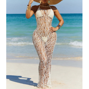 Costum de baie 3 piese cu rochie lunga crosetata, cu spatele gol, slip tanga, alb #BB2021 - Img 5