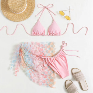 Costum de baie 3 piese, esarfa cu flori decorative aplicate, slip reglabil, roz #BB2556 - Img 3