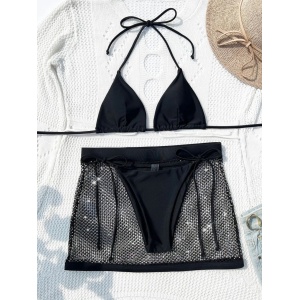 Costum de baie 3 piese, fusta cu aspect metalizat si slip reglabil, negru/ argintiu #BB2380 - Img 3