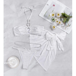 Costum de baie 3 piese texturat, cu esarfa, sutien cu cercuri metalice si prindere dupa gat, alb #BB2336 - Img 3