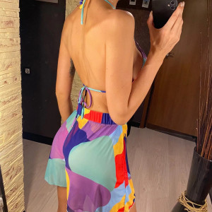 Costum de baie 4 piese cu camasa si pantalon scurt, imprimeu multicolor #BB2131 - Img 8