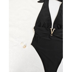 Costum de baie intreg cu decolteu adanc si V metalic auriu, negru #BB1118 - Img 12