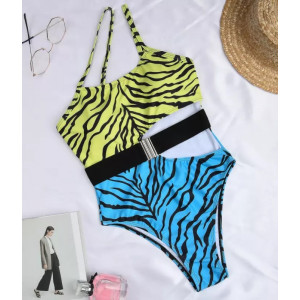 Costum de baie intreg cu decupaj, curea decorativa, imprimeu zebra, albastru/ verde neon #BB1170 - Img 8