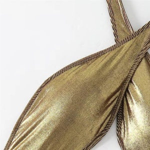 Costum de baie intreg reiat, cu decupaj in zona abdomenului, spatele gol si bretele petrecute, auriu #BB1112 - Img 5