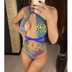 Costum de baie intreg sexy, cu decolteu adanc si spatele gol, imprimeu leopard, albastru/ multicolor #BB1062 - Img 6