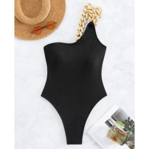 Costum de baie intreg tanga, ridat, pe un umar, cu lant auriu decorativ, negru #BB1177 - Img 2