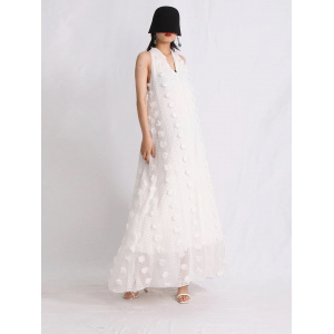 Rochie lunga de plaja vaporoasa, oversize, cu spatele gol si broderie in relief, alb #BB1022 - Img 8