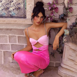 Rochie lunga sexy mulata, decupaje si accesorii metalice cu cristale, roz/roz neon #BB1101 - Img 5