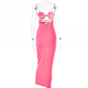 Rochie lunga sexy mulata, decupaje si accesorii metalice cu cristale, roz/roz neon #BB1101 - Img 15