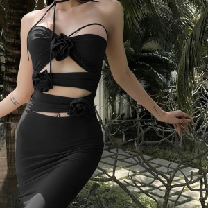 Rochie midi mulata cu decupaje si trandafiri decorativi, negru #BB1076 - Img 1
