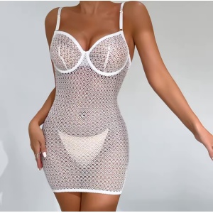 Rochie sexy de noapte din dantela elastica cu snur reglabil la spate, alb #BB4082 - Img 6
