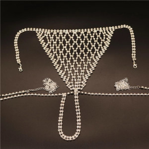 Set body chain sutien si slip cu cristale transparente si lanturi, argintiu #BB4627 - Img 11